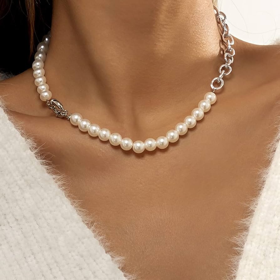 Wekicici Chunky Link Chain Necklace Half Pearl Half Chain